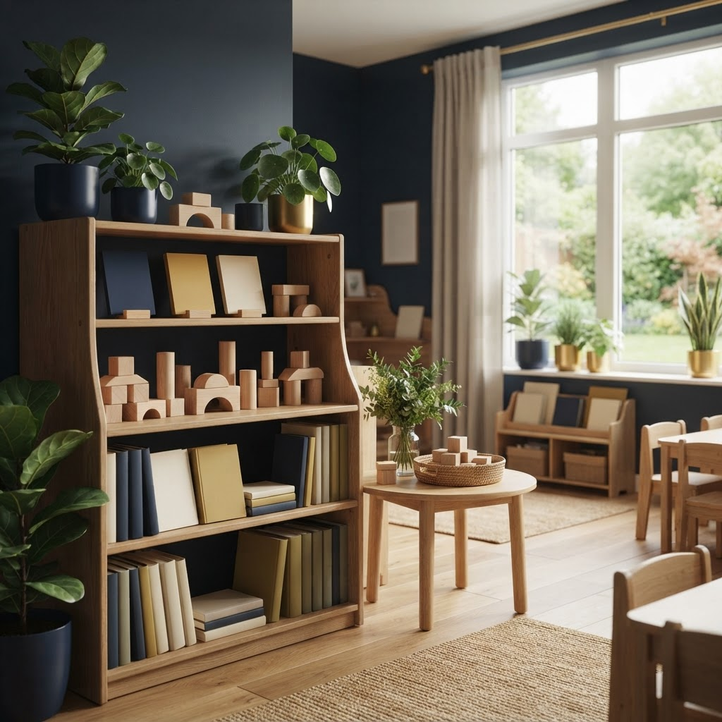 Bright, welcoming early-education classroom with books and learning materials